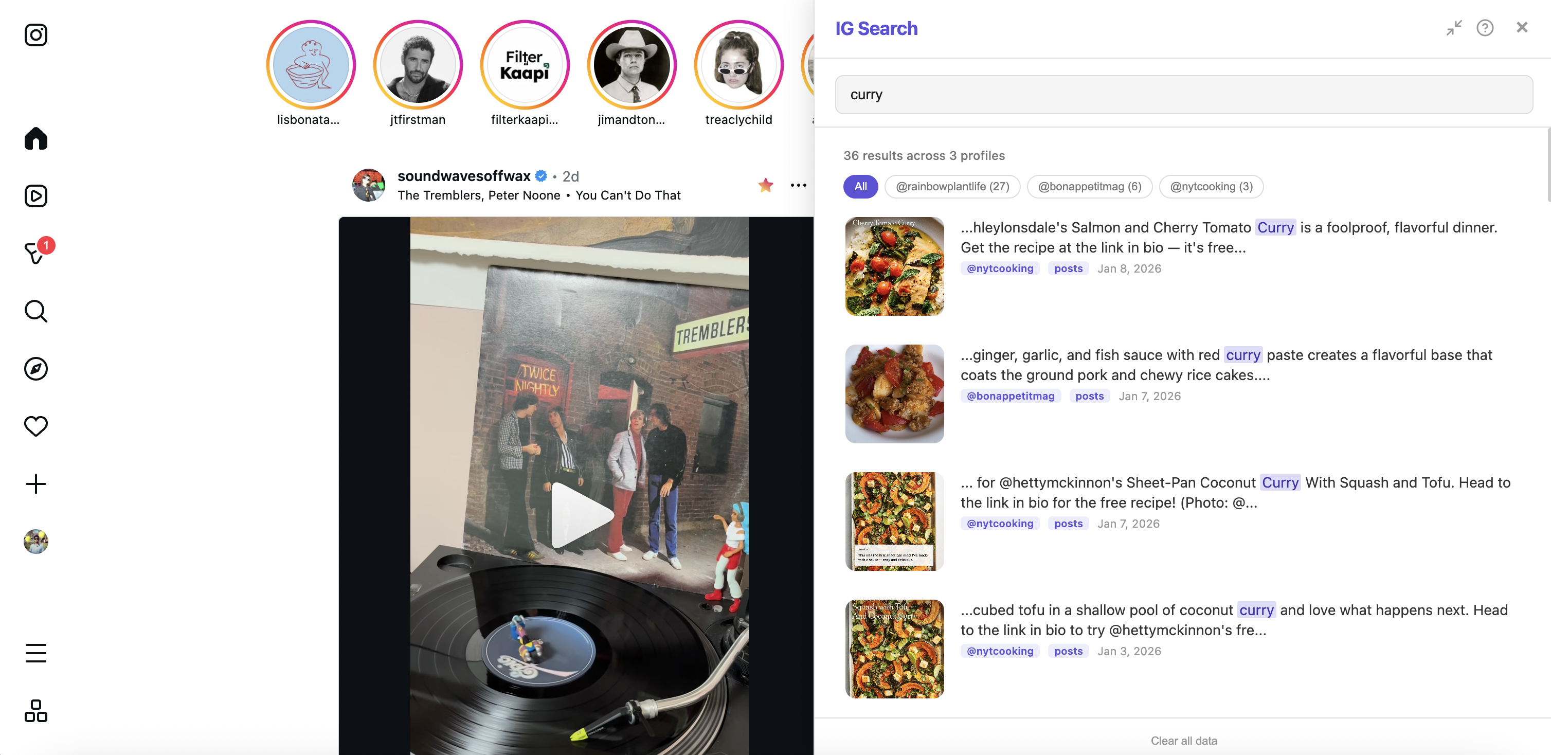 IG Search extension showing the search icon on an Instagram profile page