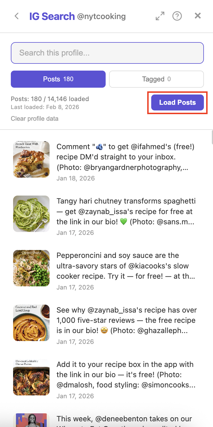 Click Load Posts to save all posts from a profile